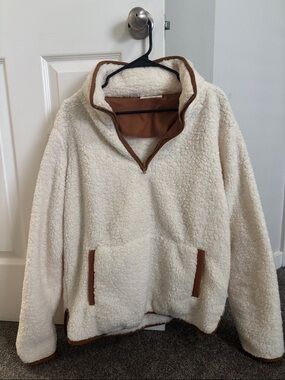 Cream Sherpa Pullover with Brown Trim - Women Sweater